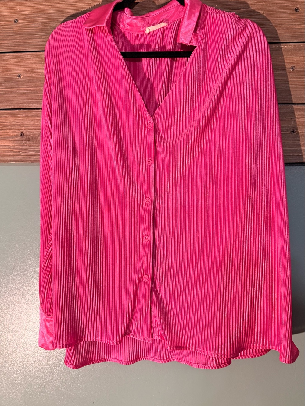Bright Pink Pleated Button-Down Shirt